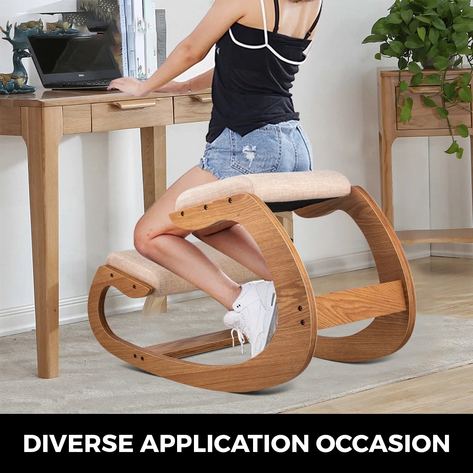 SucceBuy Ergonomic Kneeling Chair Stool W/ Thick Cushion Home Office Chair Improving Body Posture Rocking Wood Computer Chair